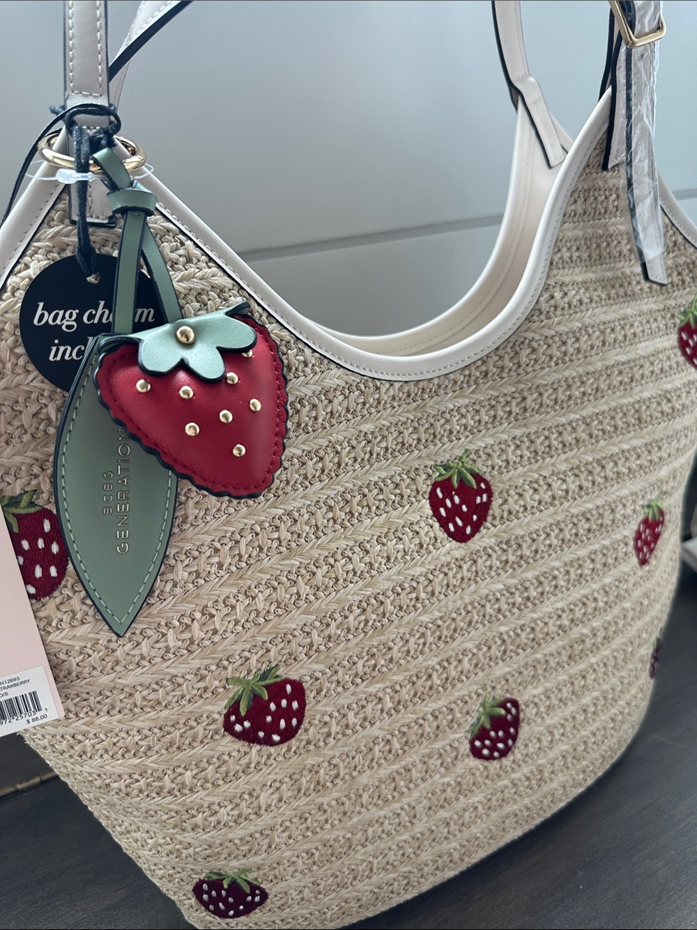 BCBGeneration Straw Tote with Red Strawberry Appliqués and Cream Trim - Picture 15 of 15
